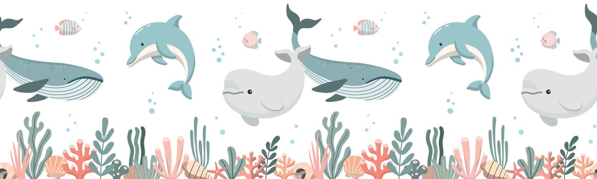 Seamless border pattern with sea animals, corals and seaweed. Perfect for kids fabric, wallpaper, wrapping paper. Isolated on white background vector