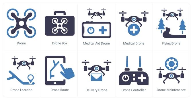 A set of 10 Drone icons as drone, drone box, medical aid drone vector