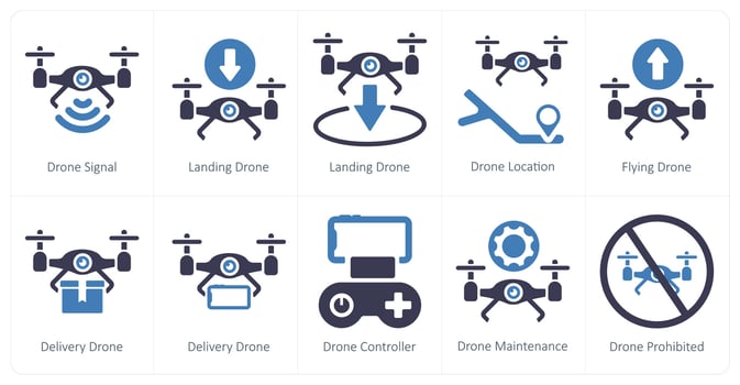 A set of 10 Drone icons as drone signal, landing drone, drone location vector