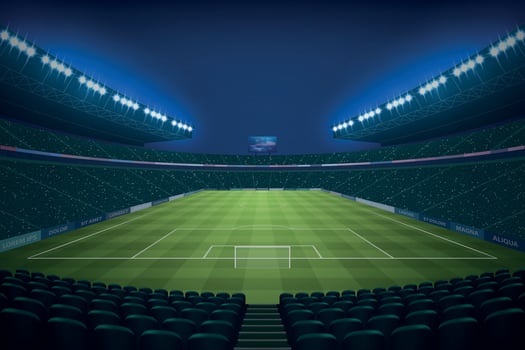 Modern Soccer Stadium Illuminated by Floodlights at Night vector