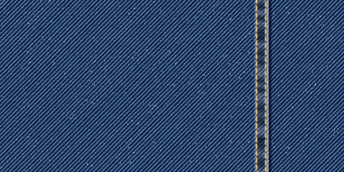Denim blue jean textile pattern background with gold seams and crease illustration. vector