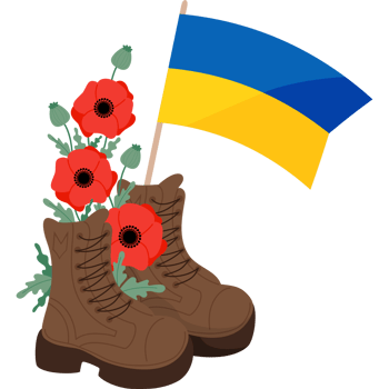 Military veteran boots with poppy flowers and yellow-blue flag Ukraine png