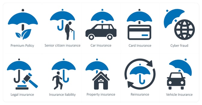 A set of 10 Insurance icons as premium policy, senior citizen insurance, car insurance vector