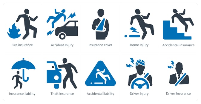 A set of 10 Insurance icons as fire insurance, accident injury, insurance cover vector