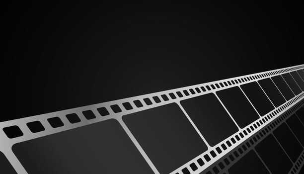 Cinema background. Realistic film strip in perspective. 3D isometric film strip. Design cinema movie festival poster. Template for festival modern cinema with place for text. Film industry concept. vector