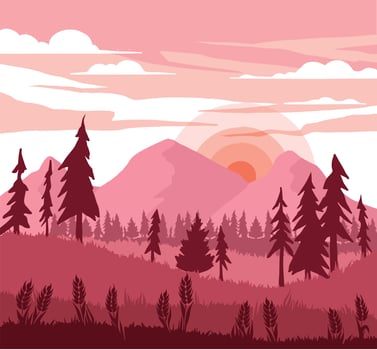 Pink Retro sunset in a forest with coniferous trees. linear illustration colored vector