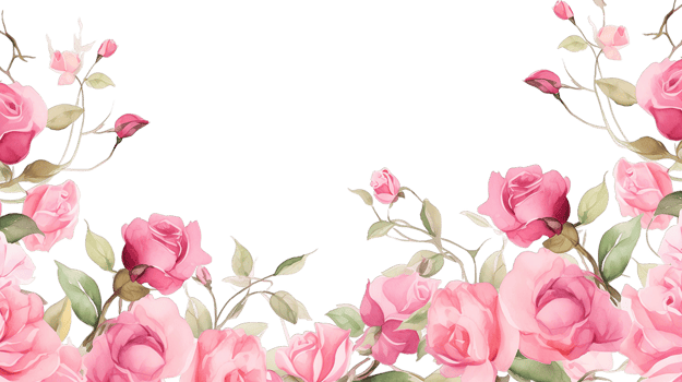 Border made of pink watercolor roses flowers and green leaves isolated on transparent background png