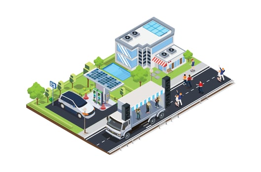Music Festival Illustration on truck on the side of the road 3d Isometric View of Party Elements, people dancing, truck. Concert Background and Stage Landscape. Musical Event illustration vector