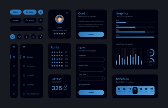ui kit for web designing, mobile apps with the different buttons, charts, diagrams, menu, search, tabs and others.tled vector