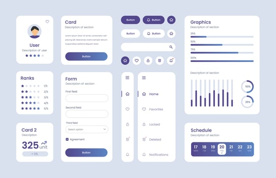 Improved ui kit for web designing, mobile apps with the different buttons, charts, diagrams, menu, search, tabs and others.tled vector