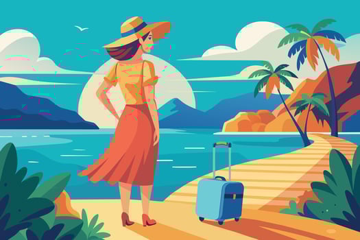 sea landscape woman in summer clothing with suitcase on vacation vector