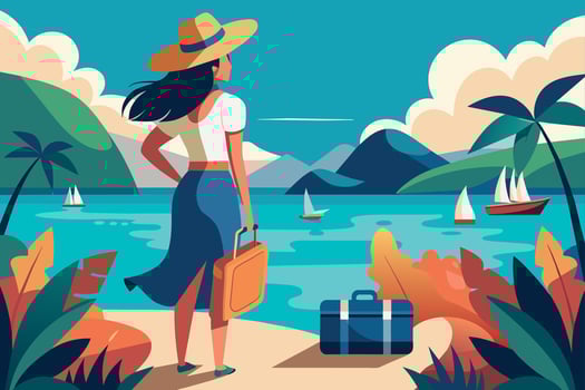 sea landscape woman in summer clothing with suitcase on vacation vector