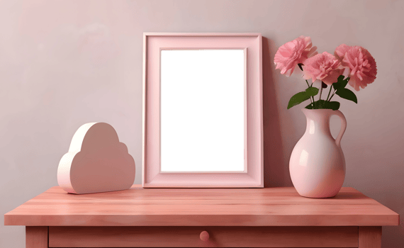 mockup with vertical pink empty photo frame and ceramic vase with flowers. objects stand on light wooden table against beige wall. cute decor of modern minimalist interior in pastel colours png