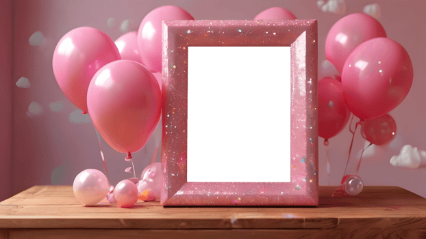 pink shiny empty photo frames in cozy interior. festive birthday decor with balloons and clouds png