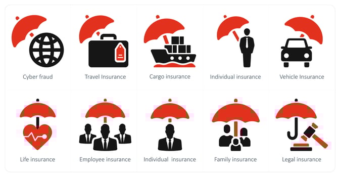 A set of 10 Insurance icons as cyber fraud, travel insurance, cargo insurance vector