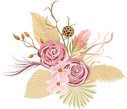 tropical bouquets with dry leaves and herbs, roses ,boho palm leaves and pampas grass isolated on white background. vector
