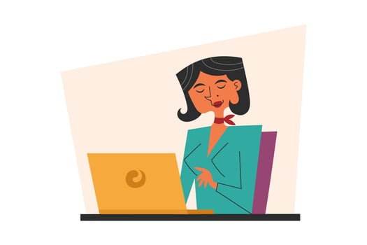 Woman with laptop in retro style, online education or online working concept. vector