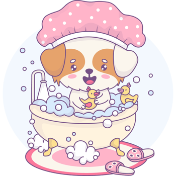 Happy dog in shower cap bathes in bath png
