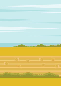 Countryside landscape with hay, field near sea. Rural province in Europe. Skyline with clouds vector