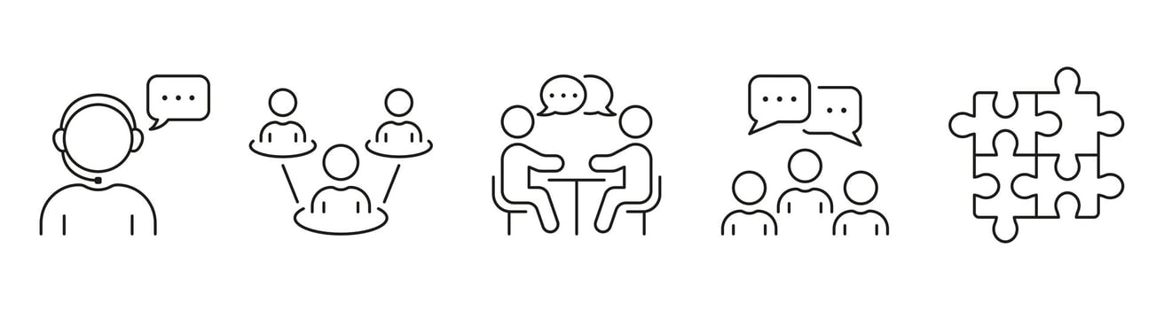 Job Meeting Line Icon Set. Work Conference Linear Pictogram. Teamwork And Management Outline Symbol Collection. Corporate Group Discussion Sign. Editable Stroke. Isolated Illustration vector