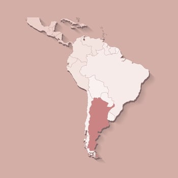 illustration with South America land with borders of states and marked country Argentina. Political map in brown colors with regions. Beige background vector