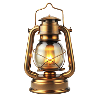 Vintage brass lantern with glowing light on clear background png