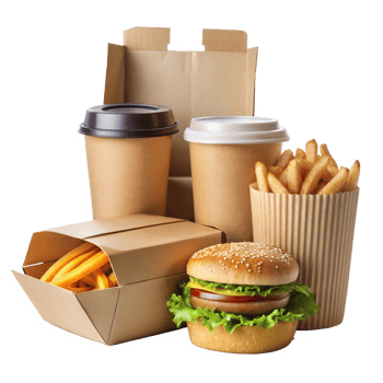 Takeout food packaging with burger, fries, and coffee png