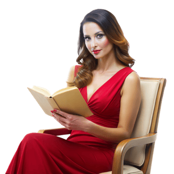 Elegant woman in red dress reading a book on chair png