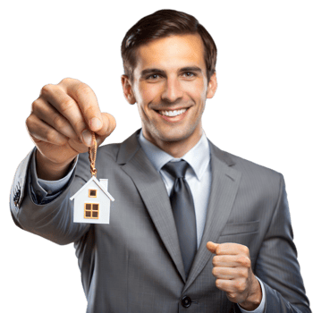 Smiling real estate agent holding a house shaped keychain png