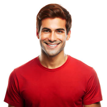Cheerful young man smiling in red shirt against transparent background png