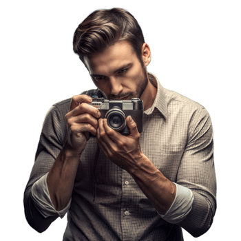 Photographer focusing with vintage camera on isolated background png