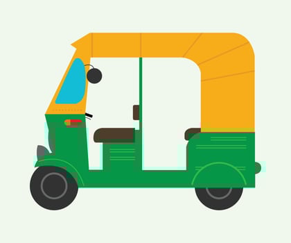 traditional public city taxi tuk tuk cab car transport India thailand trip cart model auto road Asia logo icon side view green yellow small sign symbol template free design vector