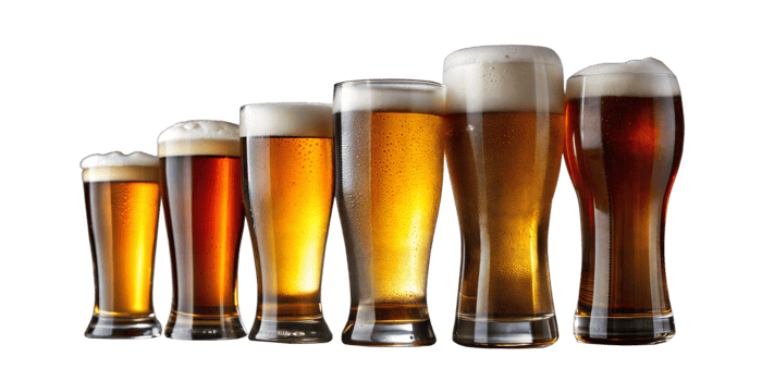 Variety of beer glasses with different beers on display png