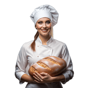 Professional female chef holding a freshly baked loaf of bread png