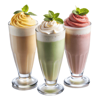 Assorted milkshakes with whipped cream and mint on top png