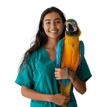 Veterinarian with a colorful macaw on transparent background png