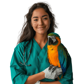 Veterinarian in scrubs holding a colorful macaw parrot png