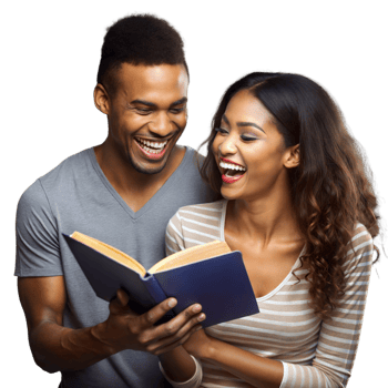 Young couple laughing together while reading a book png