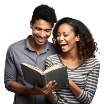 Happy couple laughing and reading a book together png