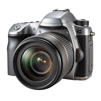 Professional digital camera with large lens on transparent background png