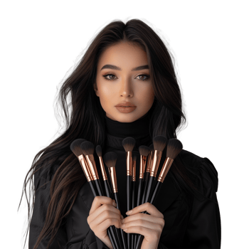Young woman posing with a set of makeup brushes png