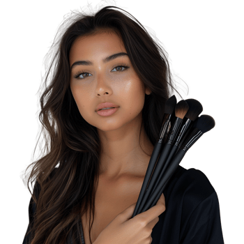 Professional makeup artist holding brushes, portrait shot png