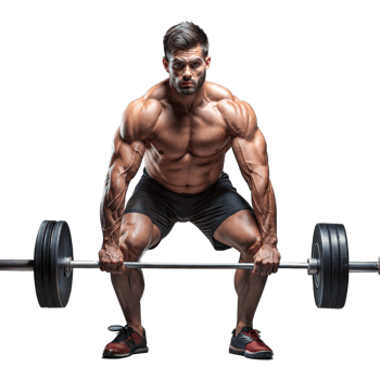 Muscular man lifting heavy barbell during intense workout png