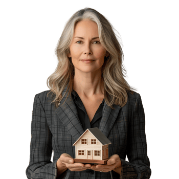 Professional woman holding a model house in her hands png