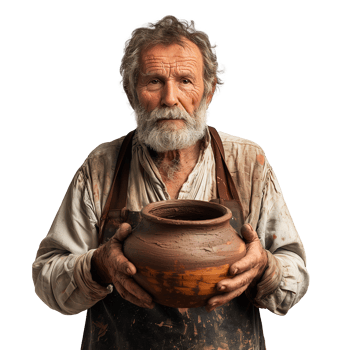 Senior craftsman presenting handmade pottery with expertise png