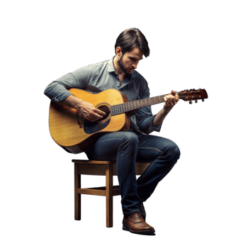 Young man playing acoustic guitar on a chair isolated on transparent png