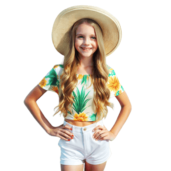 Smiling young girl wearing summer hat and floral top png