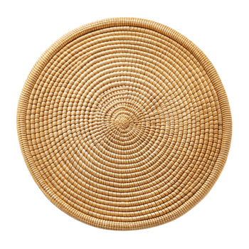 Handcrafted wicker placemat with intricate circular patterns png