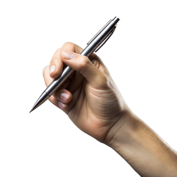 Close-up of a hand holding a silver pen on transparent background png