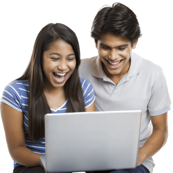 Teenage friends laughing while using a laptop together png